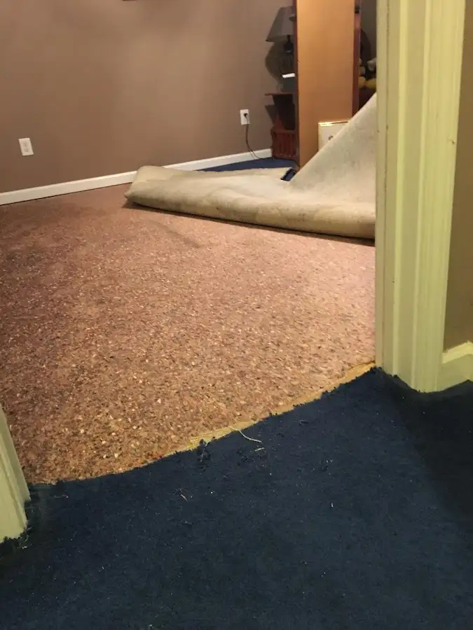 Carpet pad removal revealing water damage during Drying & Dehumidification in Northampton